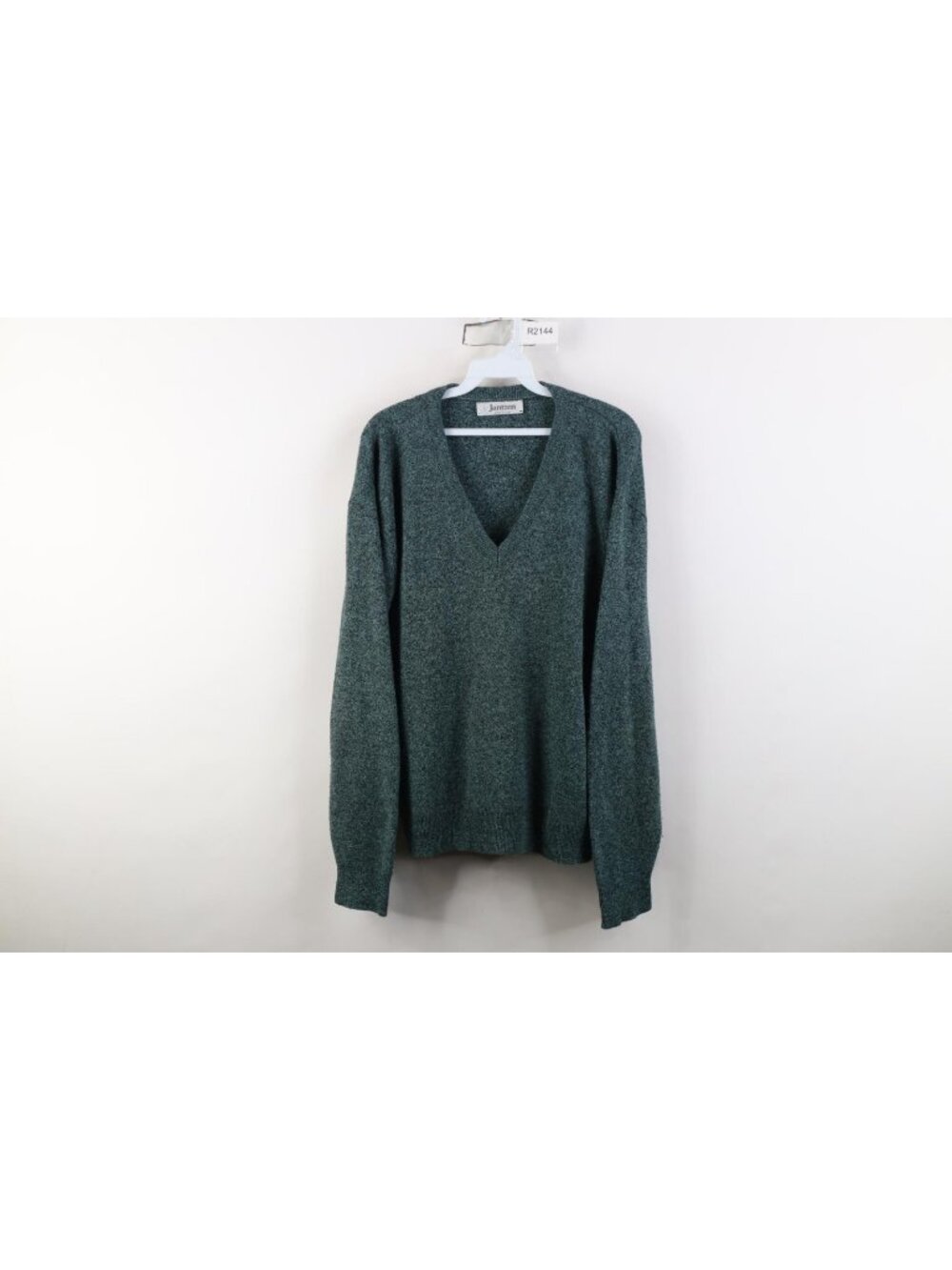 Vintage 70s Streetwear Mens Large Blank Knit V-Neck Sweater Heather Green USA